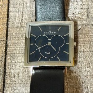 Skagen Black Dial Square Stainless Watch with Leather Strap